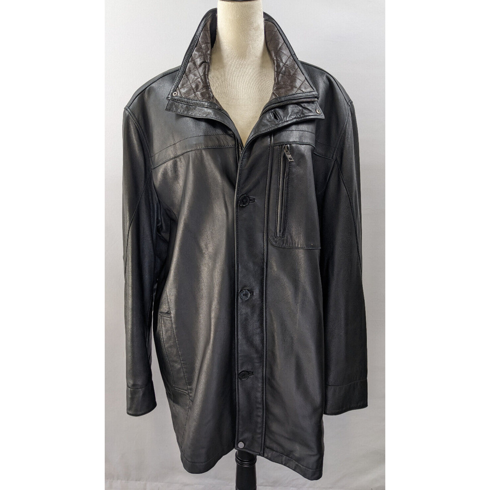 Andrew Marc Leather Coat Black Size XL Jacket Brown Contrasting Collar Pockets